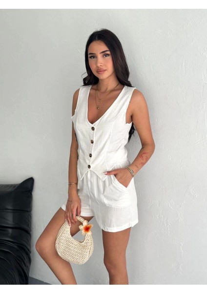 Kadın Keten Şort Yelek Takım S3461 modelleri