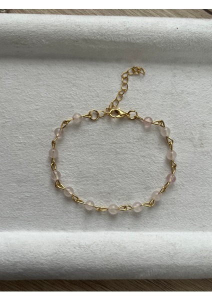 Minimal Pembe Kuvars Altın Kaplama Zincir El Yapımı Bileklik