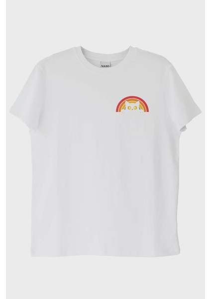 Rainbow Cat Baskılı Tasarım Beyaz Tişört (Xl)