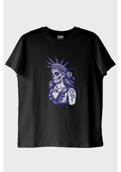 Özgürlük Heykeli Stilinde Illüstrasyonlu Baskılı Siyah Tişört (M)