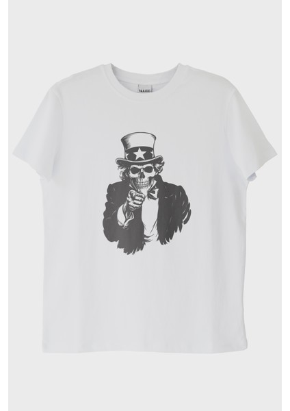 Şapkalı Iskelet Baskılı Beyaz Tişört (Xl)