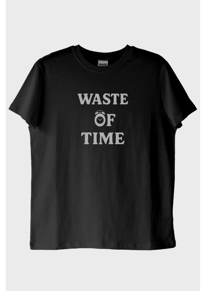 Waste Of Time Baskılı Minimalist Siyah Tişört (M)