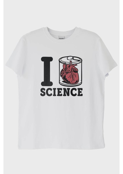 I Love Scıence Anatomik Kalpli Baskılı Beyaz Tişört (Xl)