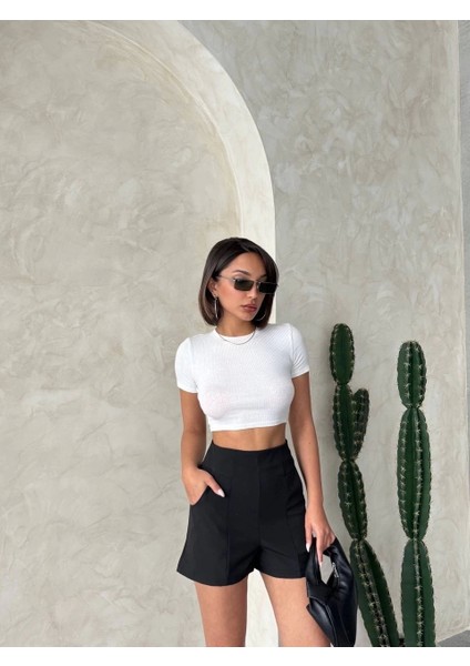 Yüksek Bel Parçalı Double Kumaş Şort S25312 indirimleri