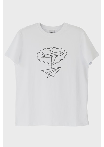 Kağıttan Uçak ve Yolcu Uçağı Tasarımlı Baskılı Beyaz Tişört (Xl)