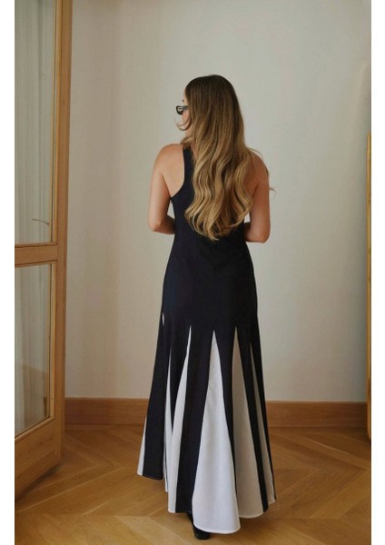 Kadın Siyah Premium Patchwork Renk Bloklu Keten Elbise modelleri