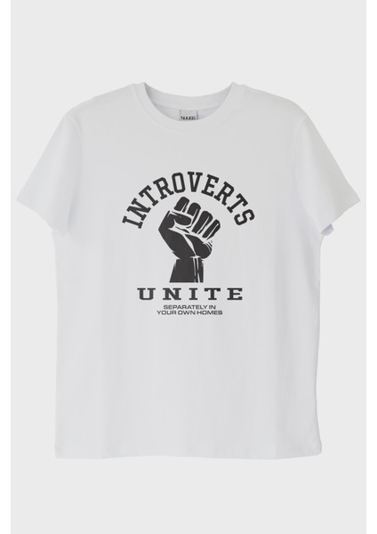 Introverts Unite Baskılı Mizahi Beyaz Tişört (Xl)