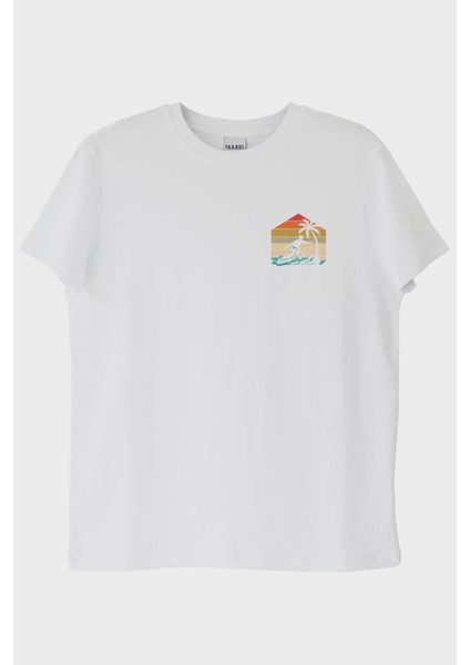Retro Palmiye ve Sörf Baskılı Beyaz Tişört