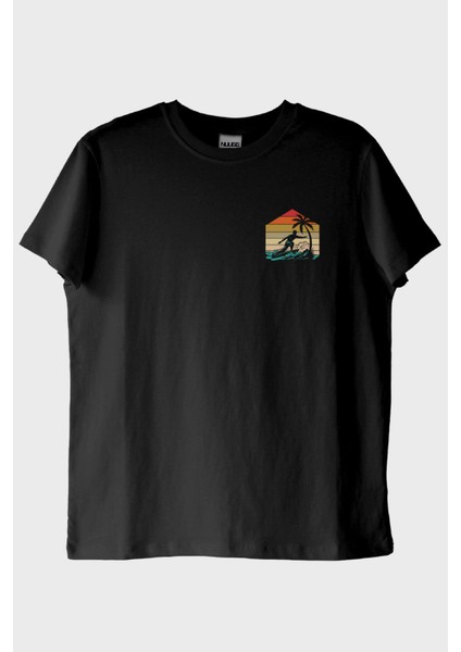 Retro Palmiye ve Sörf Baskılı Siyah Tişört