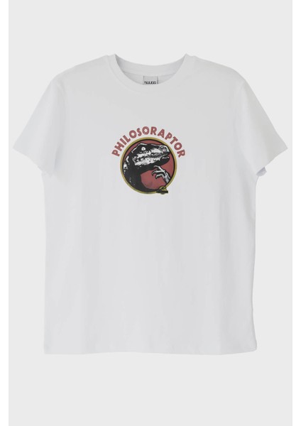 Philosoraptor Baskılı Retro Dinozor Tasarımlı Beyaz Tişört (M)
