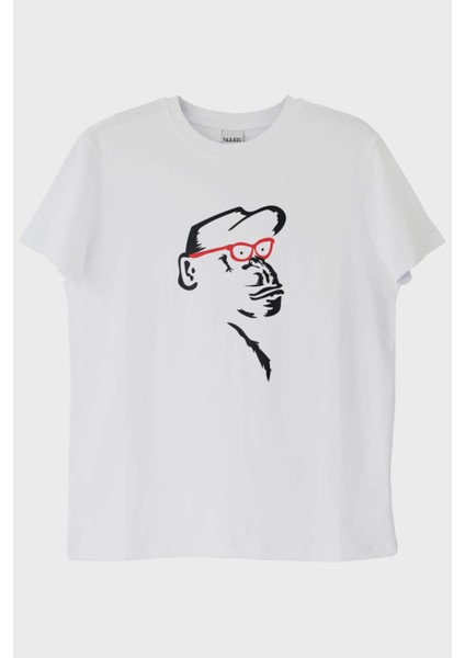 Gözlüklü Primat Minimal Tasarım Baskılı Beyaz Tişört (L)