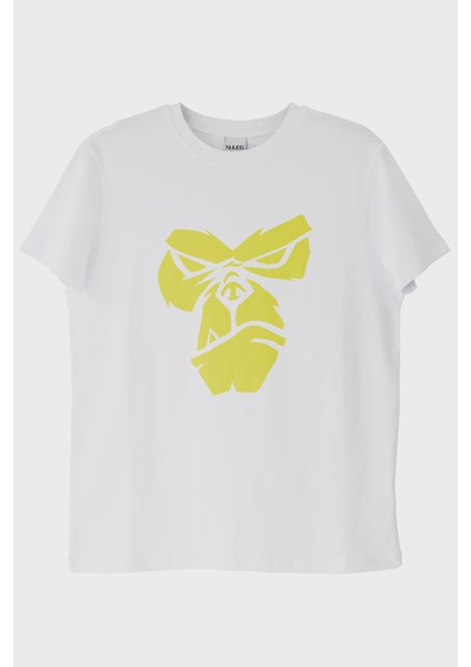 Zemin Üzerine Parlak Sarı Goril Yüzü Baskılı Beyaz Tişört (Xl)
