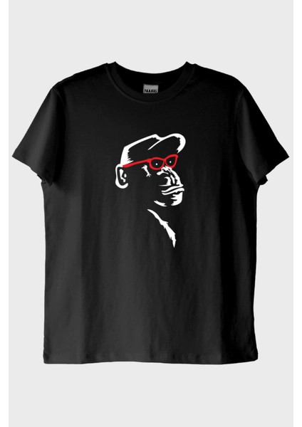 Gözlüklü Primat Minimal Tasarım Baskılı Siyah Tişört (M)