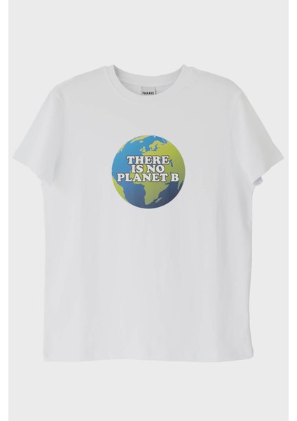 There Is No Planet B Dünya Resimli Baskılı Beyaz Tişört (L)