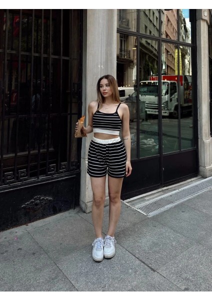 Çizgili Şortlu Takım Siyah S3978 modelleri