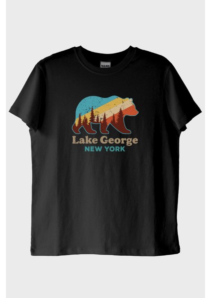 Lake George New York Ayı Siluetli Baskılı Siyah Tişört (Xxl)