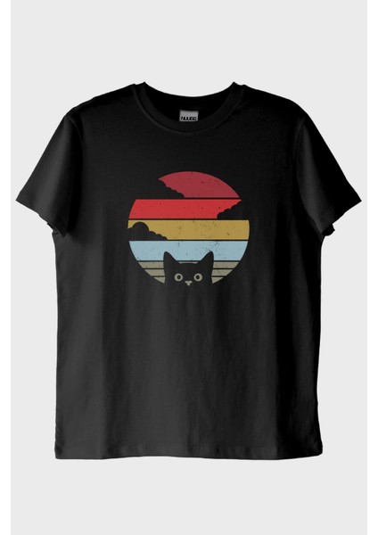 Retro Kedi Baskılı Modern Siyah Tişört (Xxl)