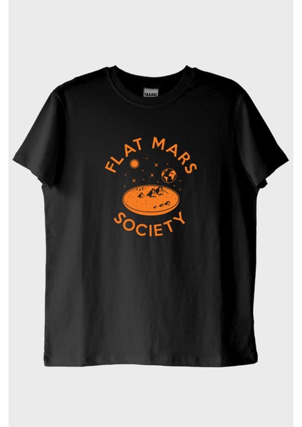 Flat Mars Society Baskılı Uzay Temalı Siyah Tişört