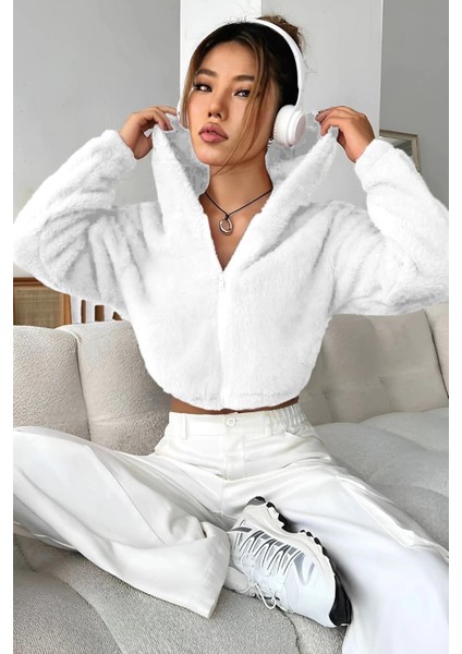 Peluş Ceket Kapşonlu Beyaz