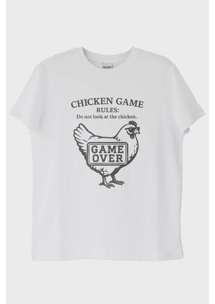 Chicken Game Tavuk Tasarımlı Baskılı Beyaz Tişört (Xl)