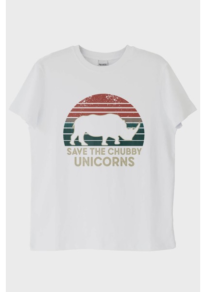 Save The Chubby Unicorns Retro Gergedan Baskılı Beyaz Tişört (M)