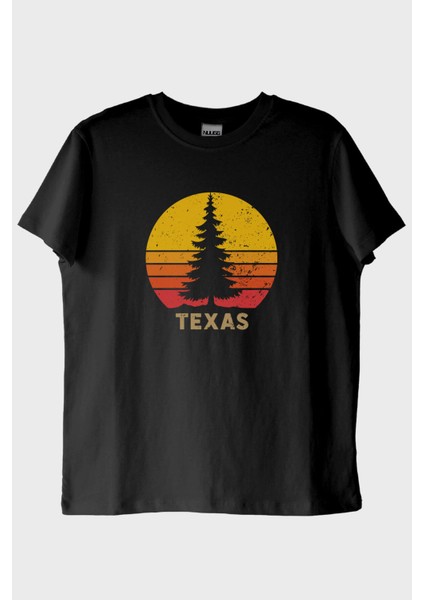 Texas Doğa Temalı Gün Batımı Tasarımlı Siyah Tişört (L)