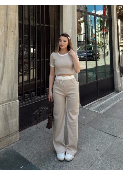 Crop Pantolon Biyeli Takım Bej