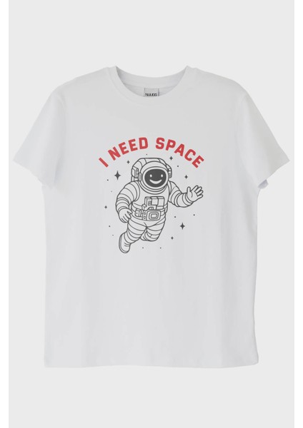 I Need Space Astronot Tasarımlı Baskılı Beyaz Tişört (Xs)