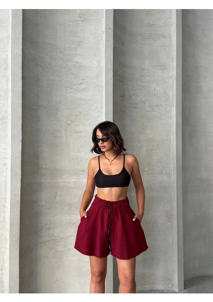 Volanlı Keten Şort Bordo S255058 fırsatları