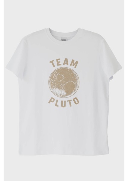 Team Pluto Baskılı Uzay Temalı Beyaz Tişört