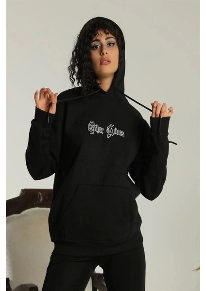 Kadın Sırt Baskılı Oversize Üç Iplik Kapüşonlu Sweatshirt - Siyah