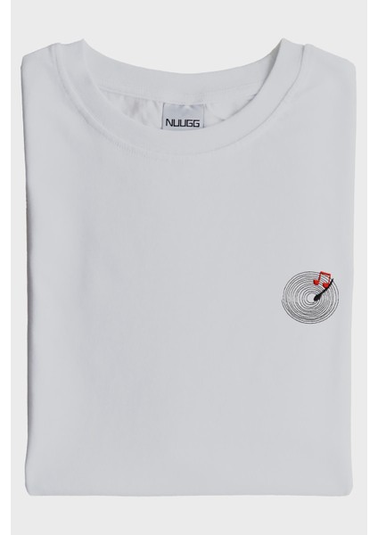 Plak Desenli Nakış Müzik T-Shirt