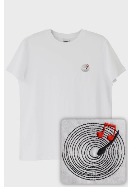 Plak Desenli Nakış Müzik T-Shirt fiyatları