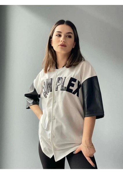 Kadın Complex Kolları Deri Kolej Oversize T-Shirt - Beyaz fırsatları