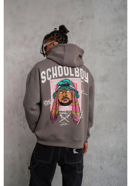 Erkek School Boy Baskılı Kapüşonlu Sweat - Gri