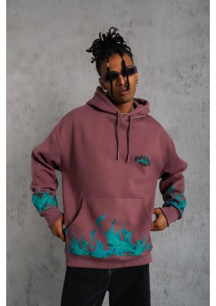 Erkek Üç Iplik Içi Pamuklu Alev Baskılı Kapüşonlu Sweatshirt - Gül Kurusu modelleri