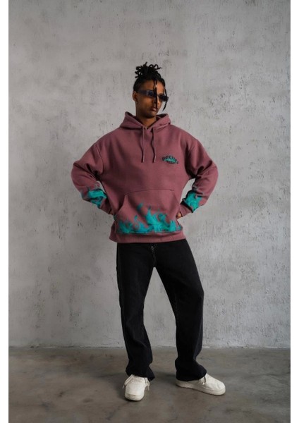 Erkek Üç Iplik Içi Pamuklu Alev Baskılı Kapüşonlu Sweatshirt - Gül Kurusu fırsatları