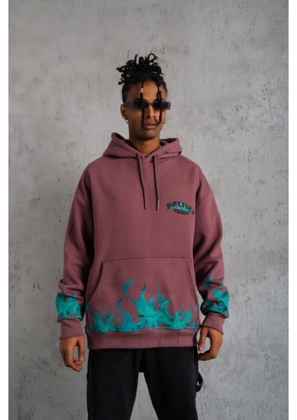 Erkek Üç Iplik Içi Pamuklu Alev Baskılı Kapüşonlu Sweatshirt - Gül Kurusu indirimleri
