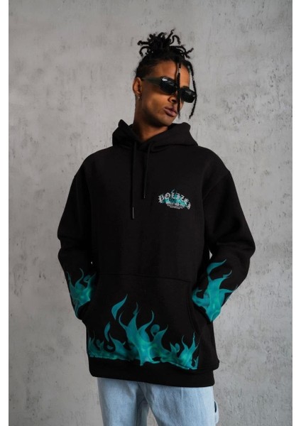 Erkek Üç Iplik Içi Pamuklu Alev Baskılı Kapüşonlu Sweatshirt - Siyah fiyatları