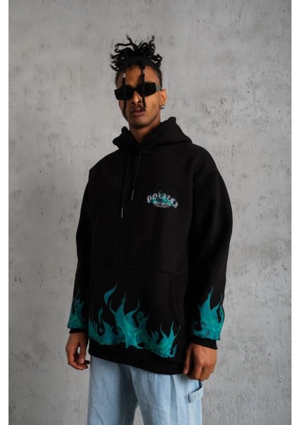 Erkek Üç Iplik Içi Pamuklu Alev Baskılı Kapüşonlu Sweatshirt - Siyah indirimleri