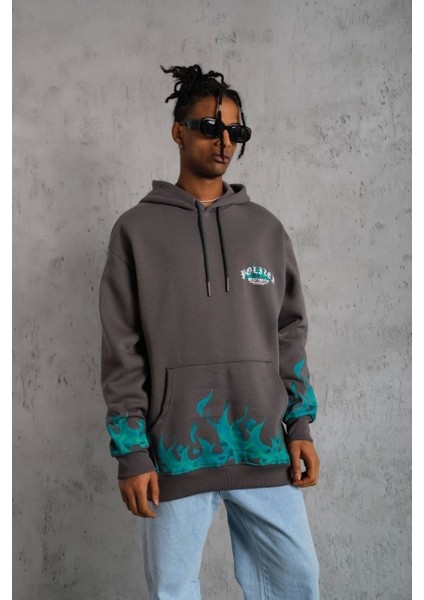 Erkek Üç Iplik Içi Pamuklu Alev Baskılı Kapüşonlu Sweatshirt - Gri fırsatları