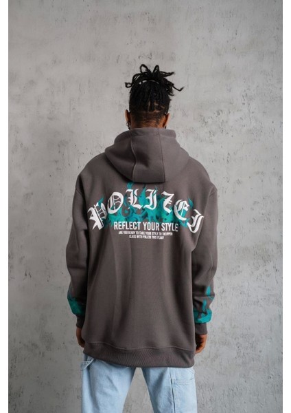 Erkek Üç Iplik Içi Pamuklu Alev Baskılı Kapüşonlu Sweatshirt - Gri indirimleri