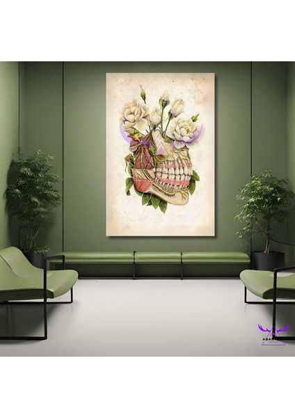 Tekli Dikey Kanvas Diş Poliklinik Tablosu Çiçekli Diş ve Çene Tasarımı