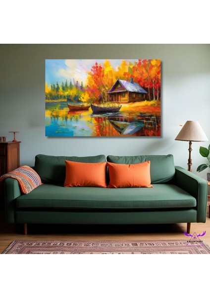 Tekli Yatay Kanvas Göl Kenarı Ahşap Ev ve Kayıklar