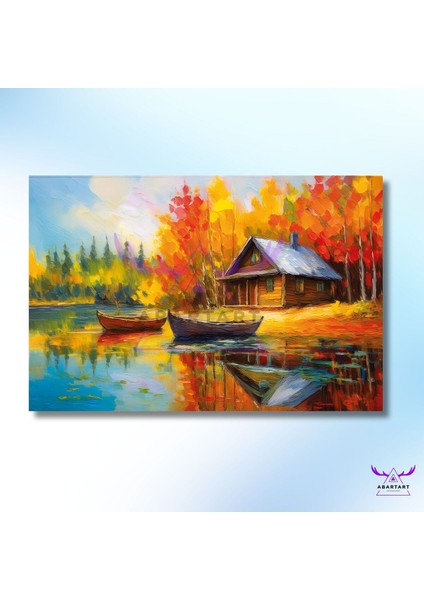Tekli Yatay Kanvas Göl Kenarı Ahşap Ev ve Kayıklar fiyatları