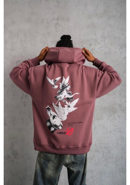 Erkek Şapkalı Güvercin Baskılı Kapşonlu Sweat - Gül Kurusu modelleri