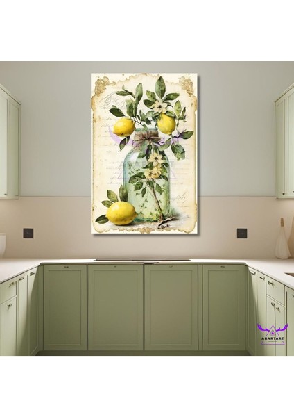 Tekli Dikey Kanvas Mutfak Tablosu Yeşil Kavanozda Limon Dalları ve Limanlar