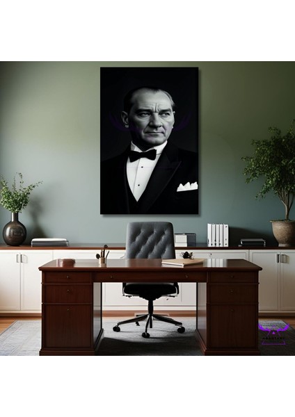 Tekli Dikey Kanvas Ofis Tablosu Siyah Beyaz Atatürk Portresi