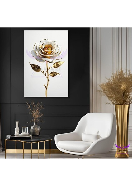 Tekli Dikey Kanvas Modern Duvar Tablosu Gold Yapraklı Beyaz Gül