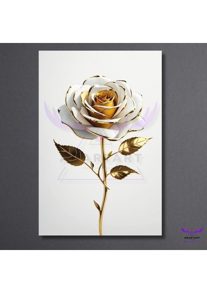 Tekli Dikey Kanvas Modern Duvar Tablosu Gold Yapraklı Beyaz Gül fiyatları